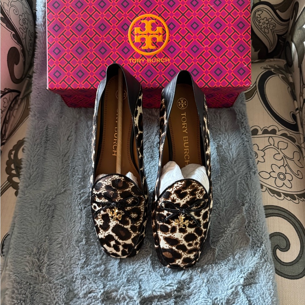 Tory Burch Leopard Print Flats with Gold Logo